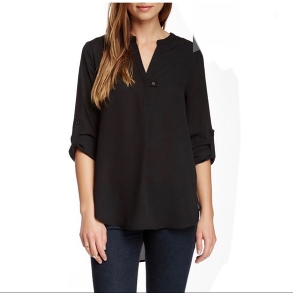 Pleione split neck black Long Sleeve Blouse button tab. Black. Business work - Picture 2 of 9